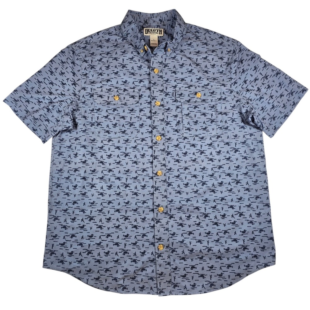 Duluth Trading Co. Breezeshooter Blue Ducks AOP Relaxed Performance Shirt Mens L